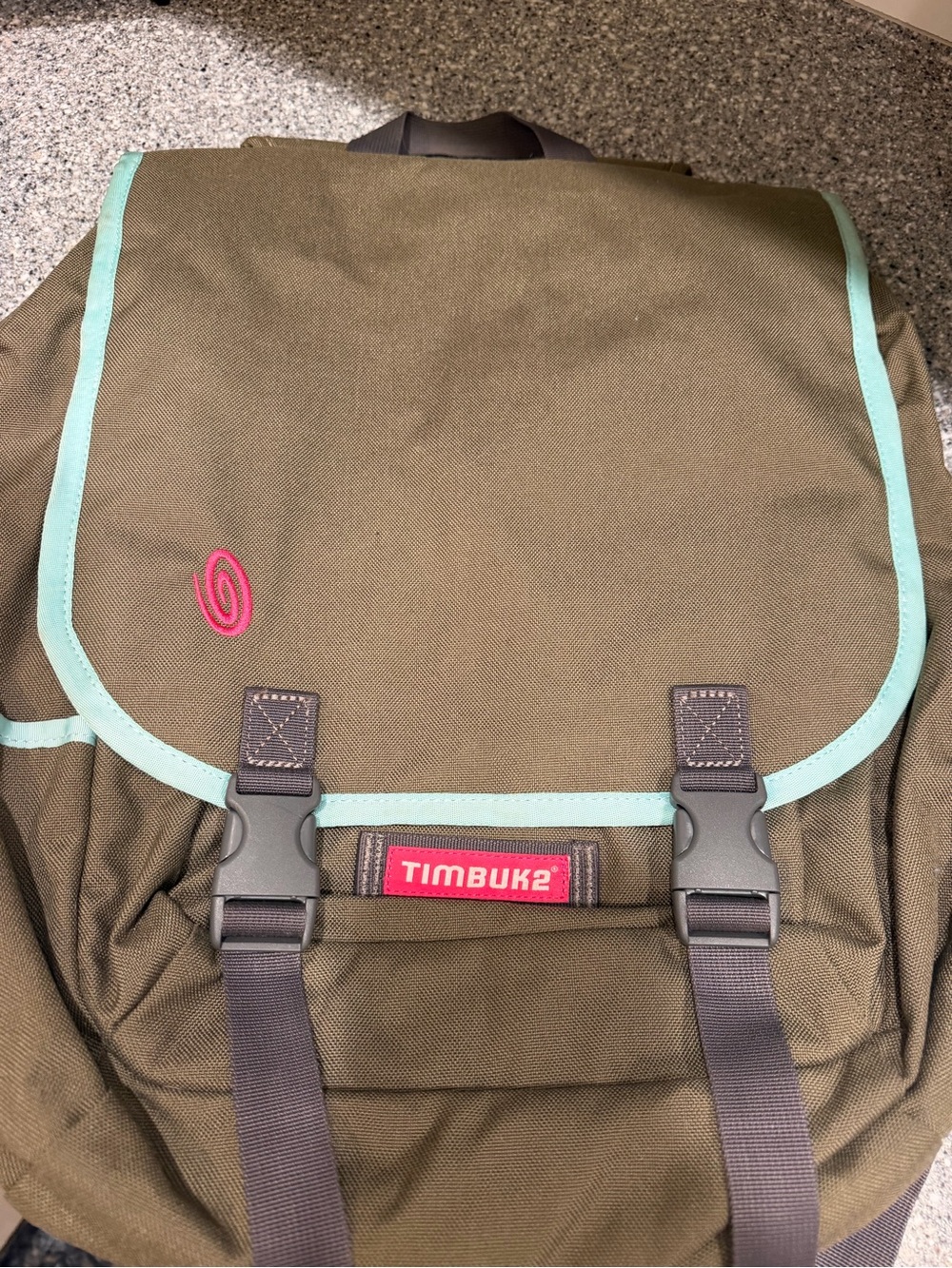 Timbuk2 Olive Backpack with Mint Trim and Pink Logo